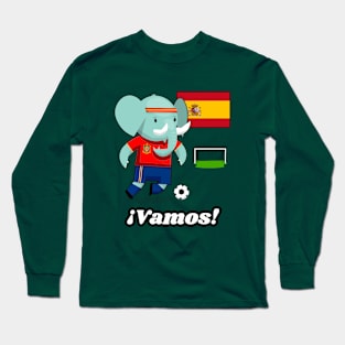 ⚽ Spain Football, Cute Elephant Scores a Goal, ¡Vamos! Team Spirit Long Sleeve T-Shirt